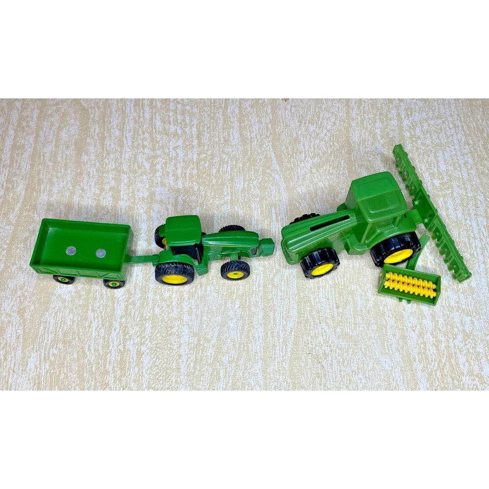 ERTL John Deere Tractor & Trailer and Stationary Plastic Tractor with 2 Rakes